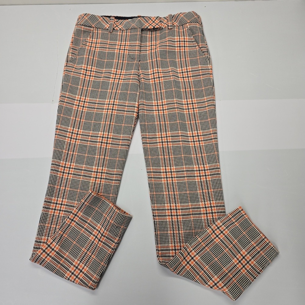 Trina Turk Womens Orange Black Glen Plaid Straight Leg Trousers Size 4